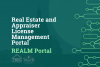 Text on a green background that says "Real Estate and Appraiser License Management Portal REALM Portal". The TREC-TALCB logo is just below the text and to the right is a digital looking design with lines and circles